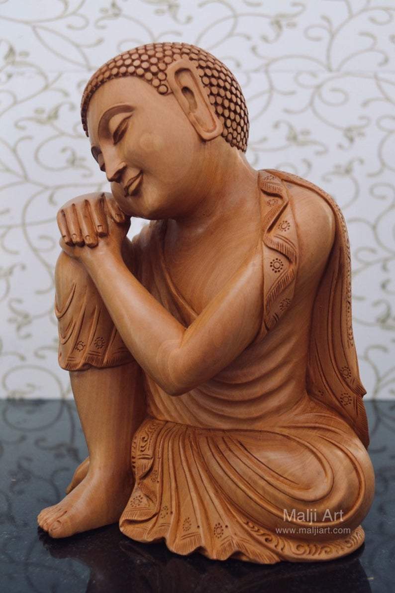 Fine Wood Carved Smiling Resting Buddha Statue - Arts99 - Online Art Gallery