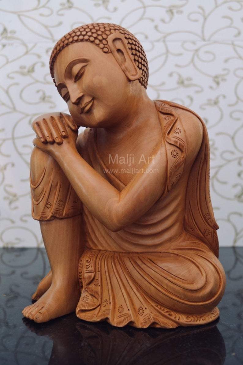 Fine Wood Carved Smiling Resting Buddha Statue - Arts99 - Online Art Gallery