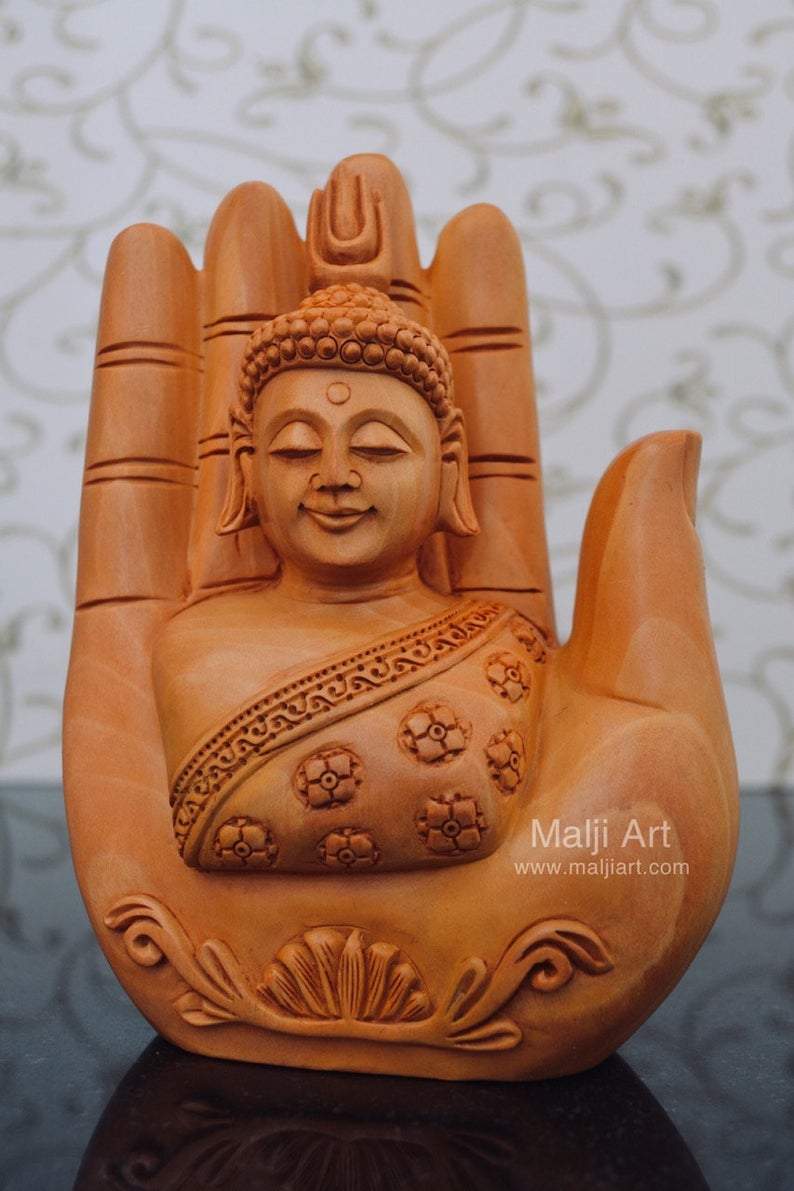 Wood Carved Super Fine Buddha in Palm Good Luck Statue - Arts99 - Online Art Gallery