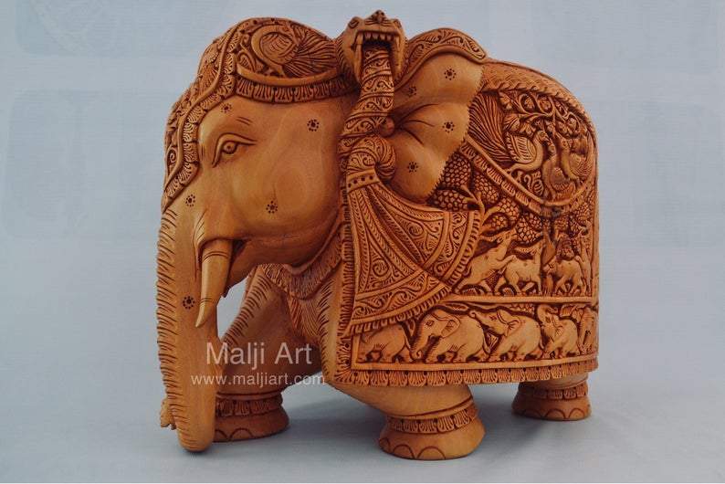 Big Wooden Very Fine Detailed Hand Carved Elephant Statue - Arts99 - Online Art Gallery