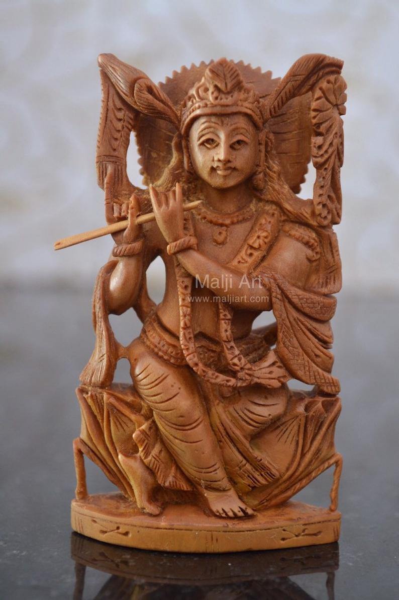 Sandalwood Carved Small Krishna Miniature idol - Arts99 - Online Art Gallery