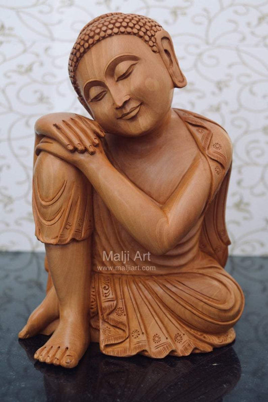 Fine Wood Carved Smiling Resting Buddha Statue - Arts99 - Online Art Gallery