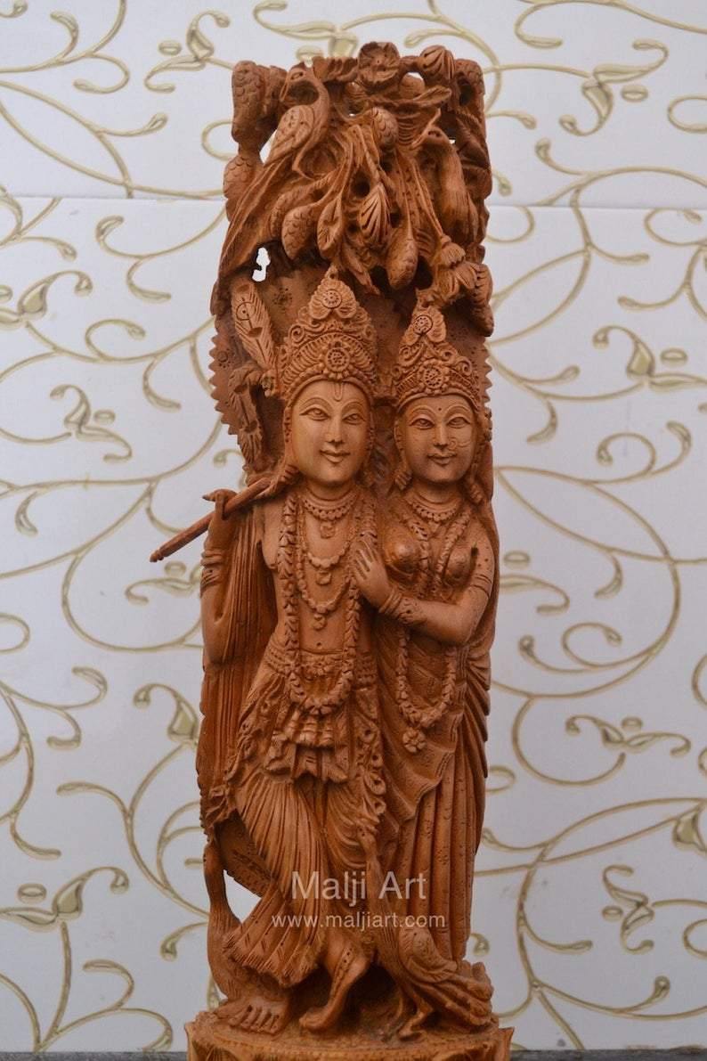 Sandalwood Fine Carved Radha Krishna Under Tree - Arts99 - Online Art Gallery