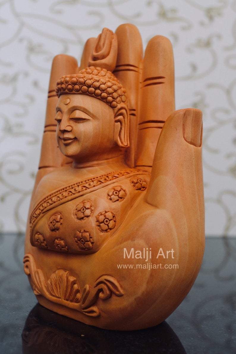 Wood Carved Super Fine Buddha in Palm Good Luck Statue - Arts99 - Online Art Gallery