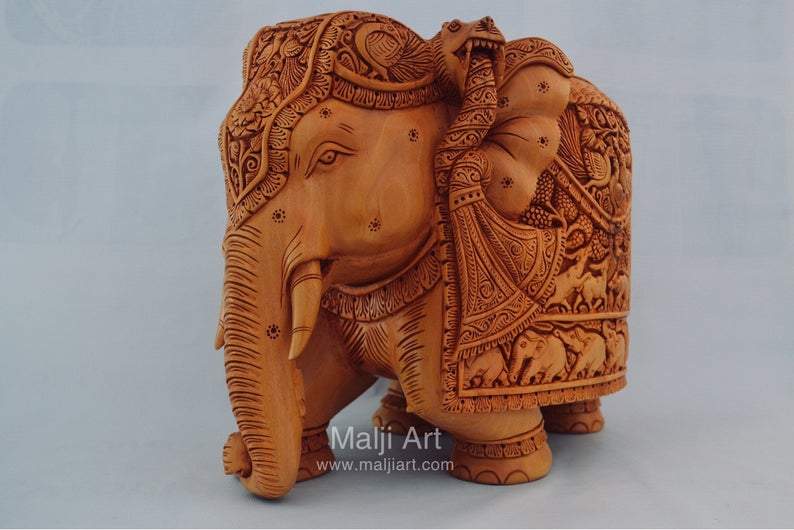 Big Wooden Very Fine Detailed Hand Carved Elephant Statue - Arts99 - Online Art Gallery