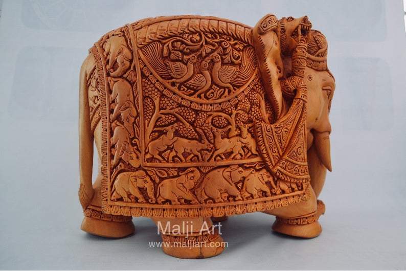 Big Wooden Very Fine Detailed Hand Carved Elephant Statue - Arts99 - Online Art Gallery