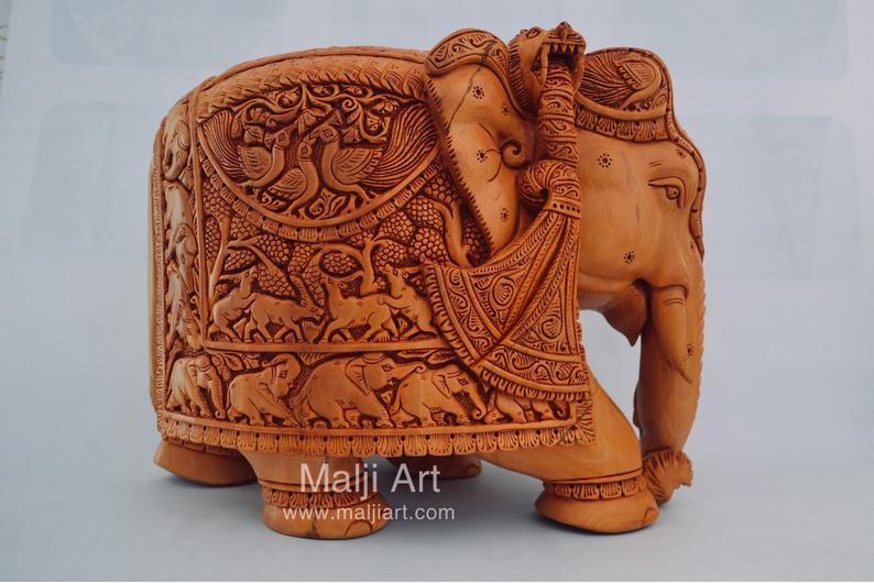 Big Wooden Very Fine Detailed Hand Carved Elephant Statue - Arts99 - Online Art Gallery