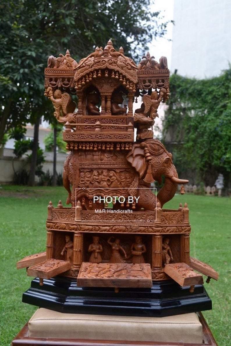 Sandalwood Fine Carved Royal Elephant Ambabari with Opening Base - Arts99 - Online Art Gallery