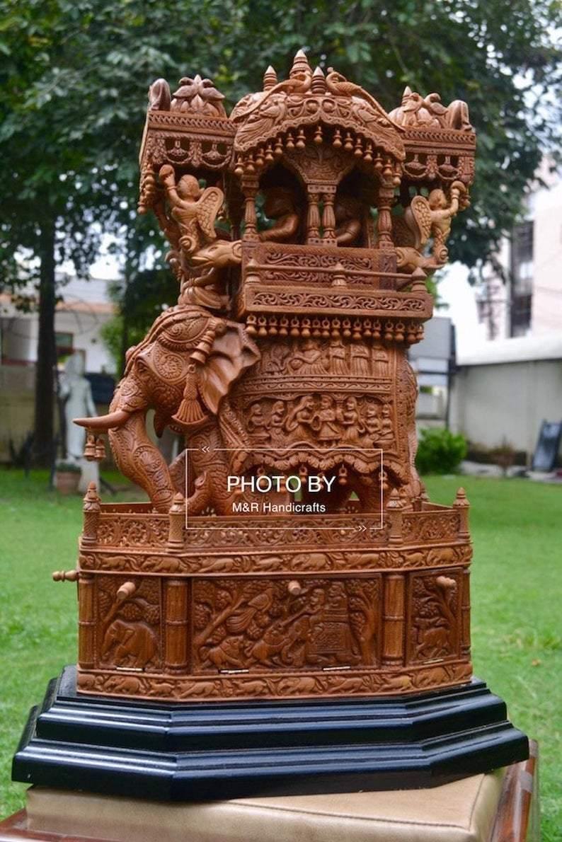 Sandalwood Fine Carved Royal Elephant Ambabari with Opening Base - Arts99 - Online Art Gallery