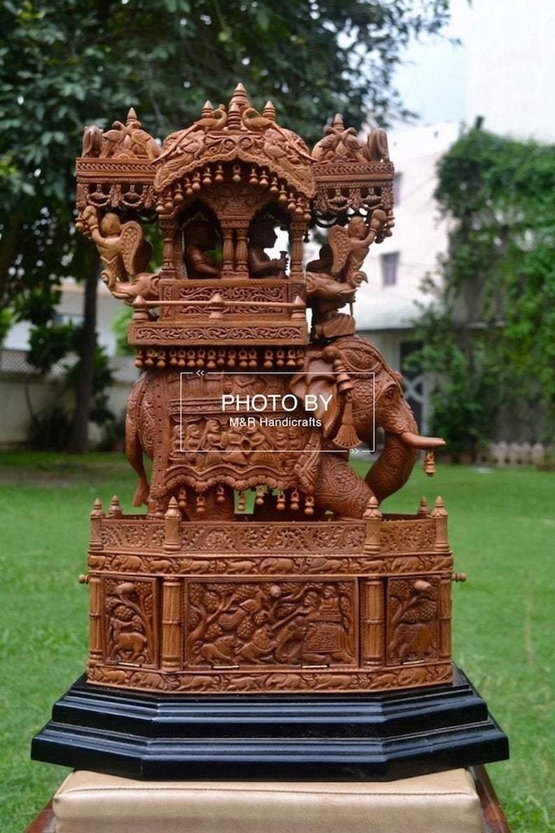 Sandalwood Fine Carved Royal Elephant Ambabari with Opening Base - Arts99 - Online Art Gallery