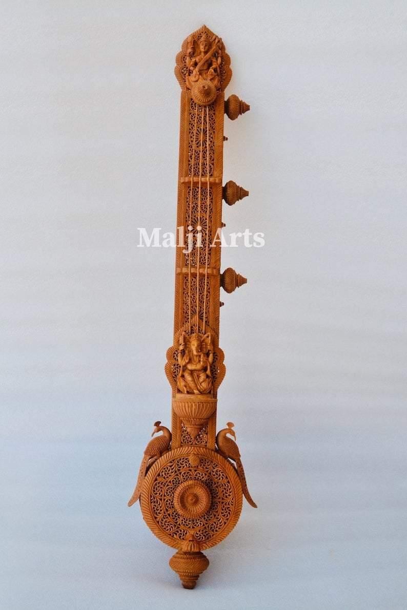 Unique Sandalwood Carved Opening Sitar or Veena Collective Art-piece by National Awarded Jangid Family - Arts99 - Online Art Gallery