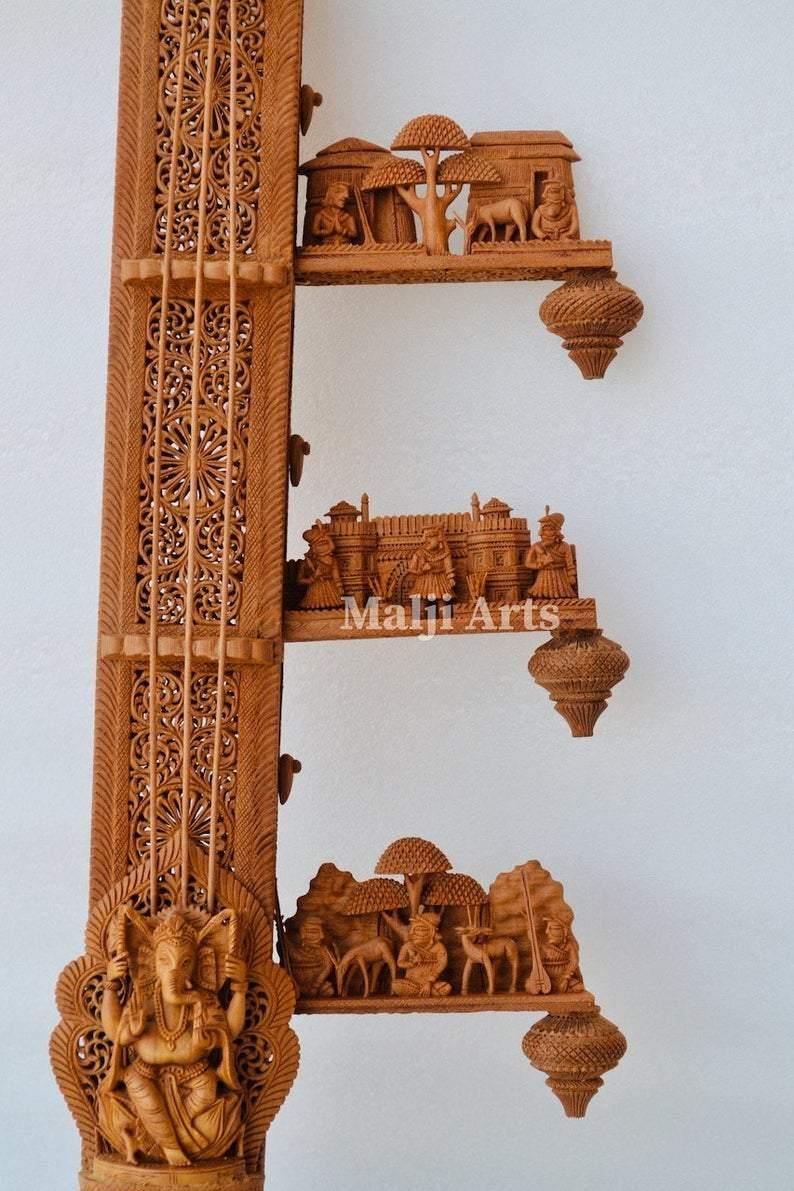 Unique Sandalwood Carved Opening Sitar or Veena Collective Art-piece by National Awarded Jangid Family - Arts99 - Online Art Gallery