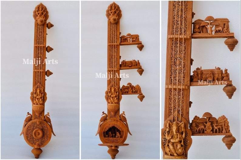 Unique Sandalwood Carved Opening Sitar or Veena Collective Art-piece by National Awarded Jangid Family - Arts99 - Online Art Gallery