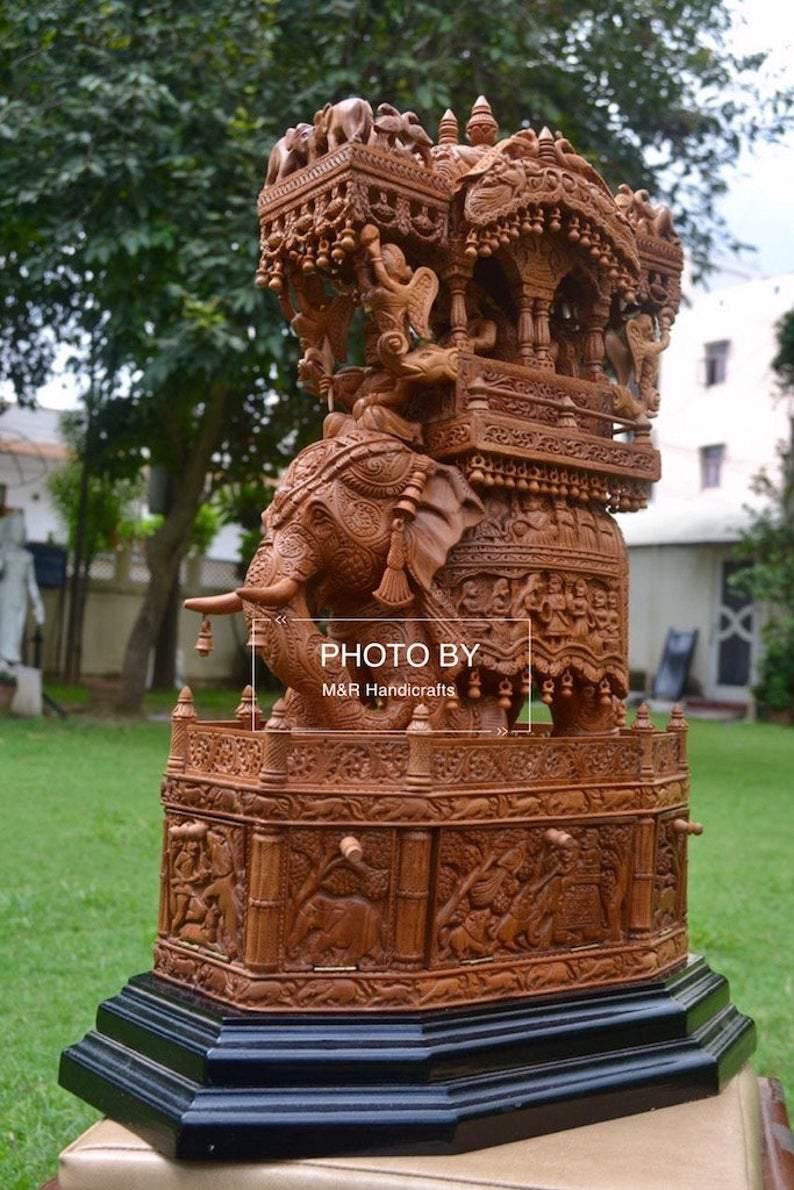 Sandalwood Fine Carved Royal Elephant Ambabari with Opening Base - Arts99 - Online Art Gallery