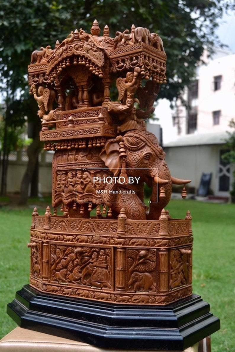 Sandalwood Fine Carved Royal Elephant Ambabari with Opening Base - Arts99 - Online Art Gallery