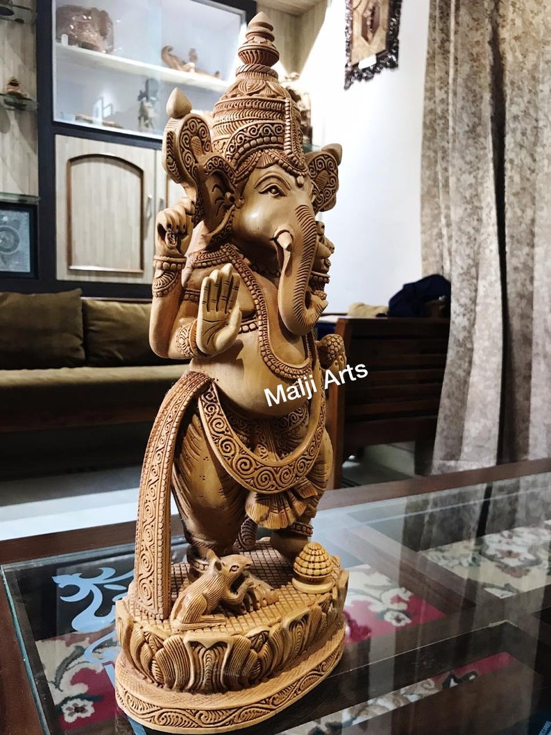 Wooden Ganesha Standing Dancing Fine Detailed Carved Statue - Arts99 - Online Art Gallery