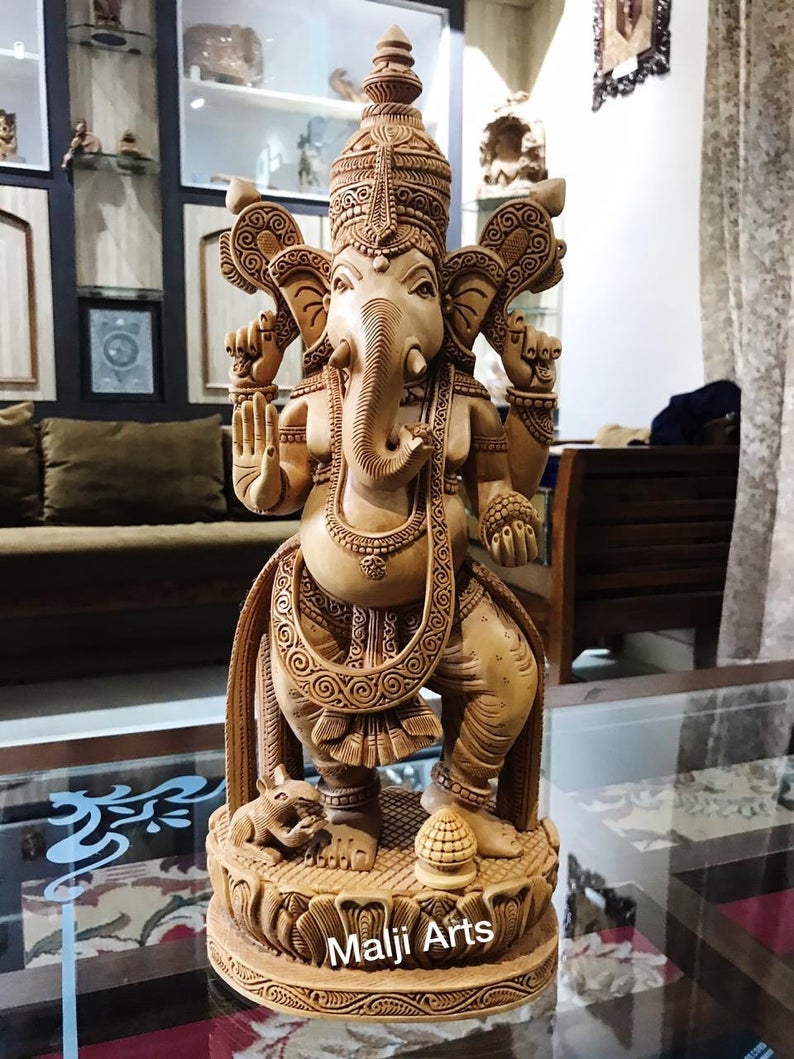 Wooden Ganesha Standing Dancing Fine Detailed Carved Statue - Arts99 - Online Art Gallery