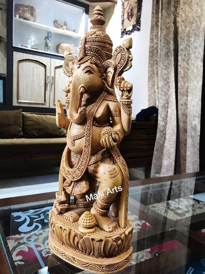 Wooden Ganesha Standing Dancing Fine Detailed Carved Statue - Arts99 - Online Art Gallery